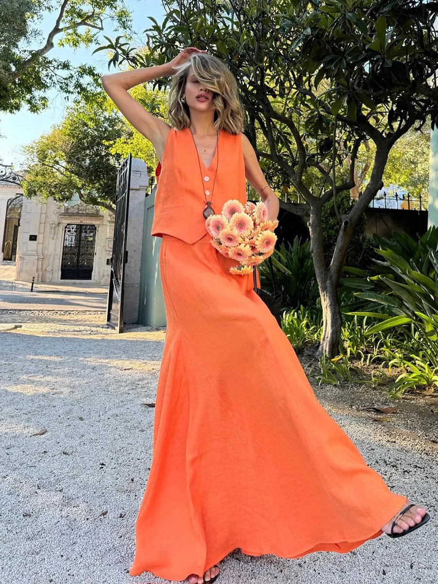 New Street Cotton Linen Vest Skirt Outfit Spring Women Sleeveless V-neck Tank Top+High Waist Loose Big Swing Skirt Two Piece Set